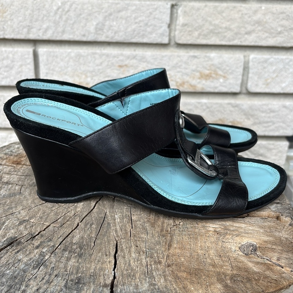 Rockport Black Leather & Suede Wedge Slip on Sandals - Picture 3 of 11